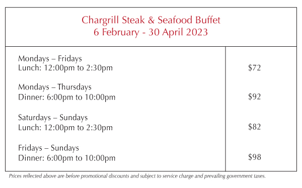 Chargrill Steak and Seafood updated price chart